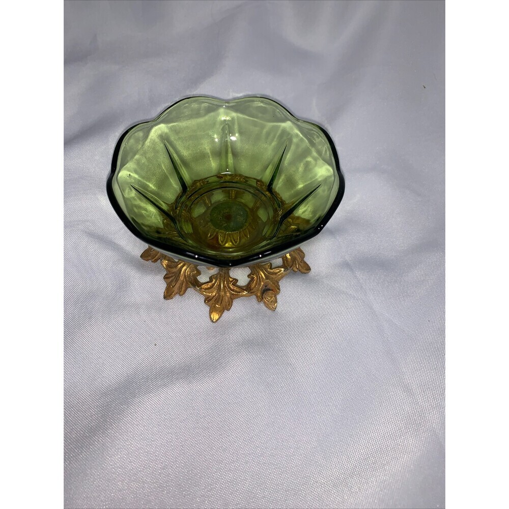Vintage Green Pressed Scalloped Edge Glass Pedestal Bowl with Bronze base